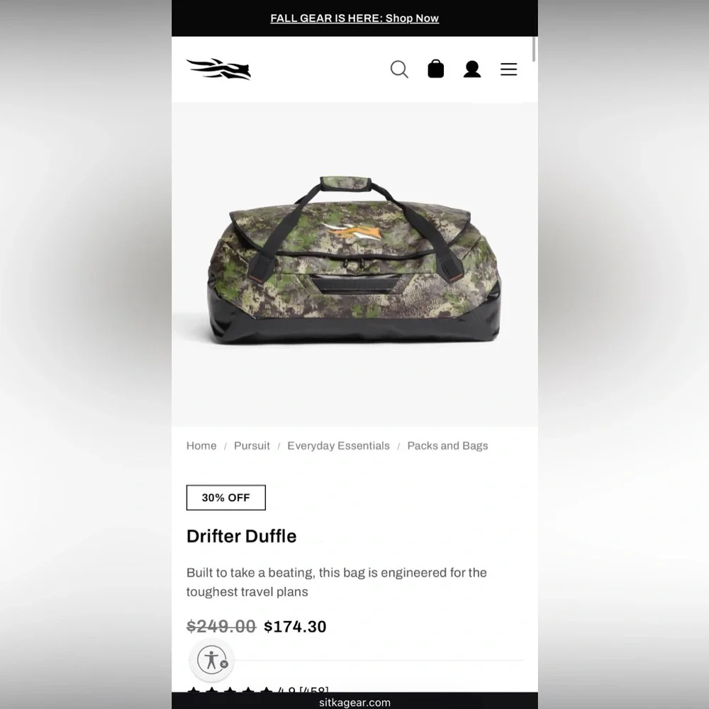 Sitka Gear Camo Duffel Bag